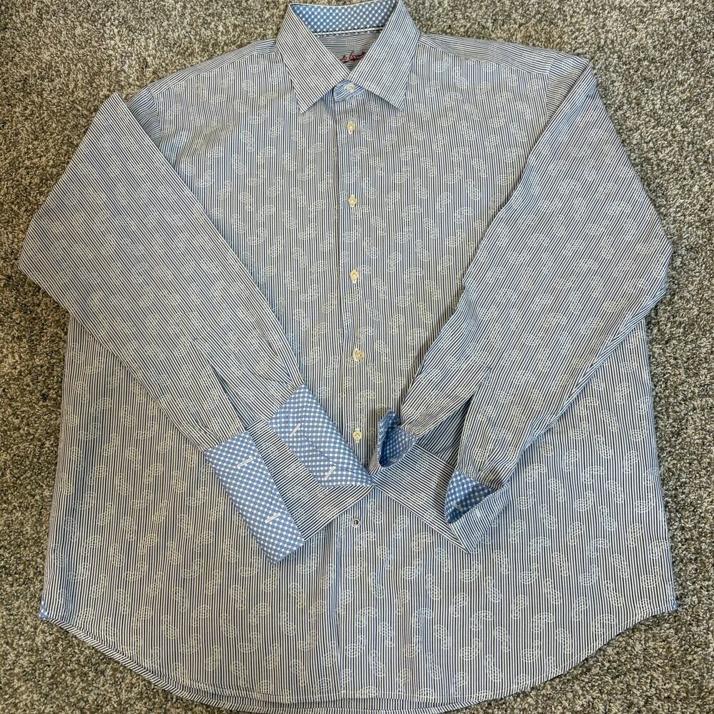 Robert Graham Men XL 44 Blue Stripe Paisley Jacquard Shirt Flip Cuff Cotton - Picture 3 of 13